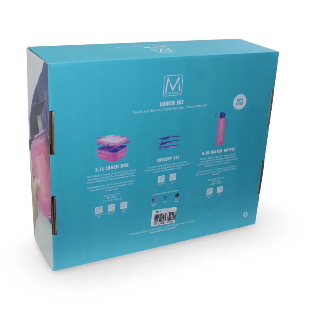 M-Design Lunch Set (2.1L Lunch Box & 800ml Water Bottle & Cutlery Set) – Teal/Fuchsia - Image 2