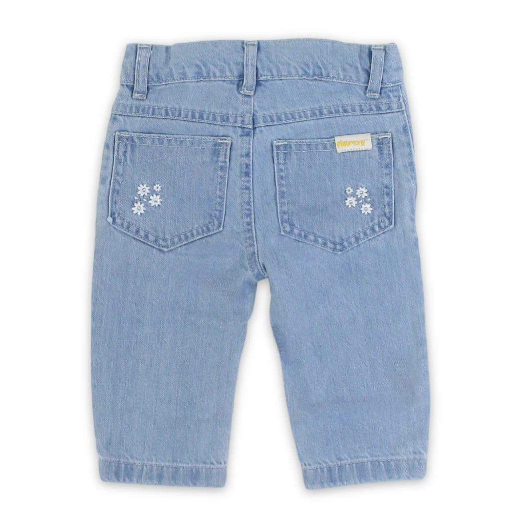 Girls Denim Pants – Ice Blue with Flowers Embroidery - Image 2