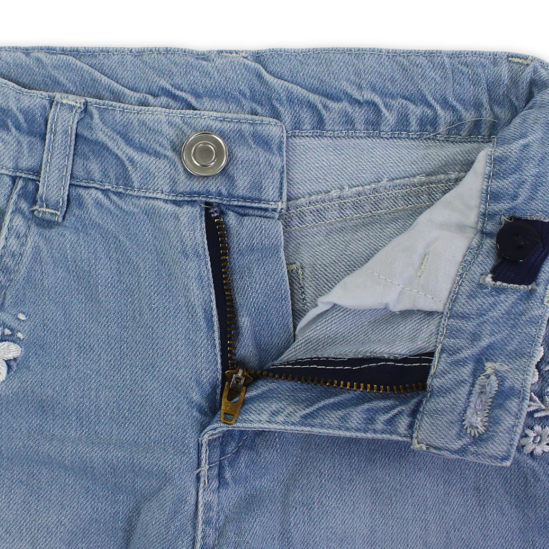 Girls Denim Short – Ice Blue with Flowers Embroidery - Image 3