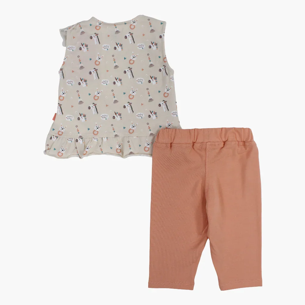 Baby Girls Cotton Pajama Set – Beige with Unicorn Print - Image 2