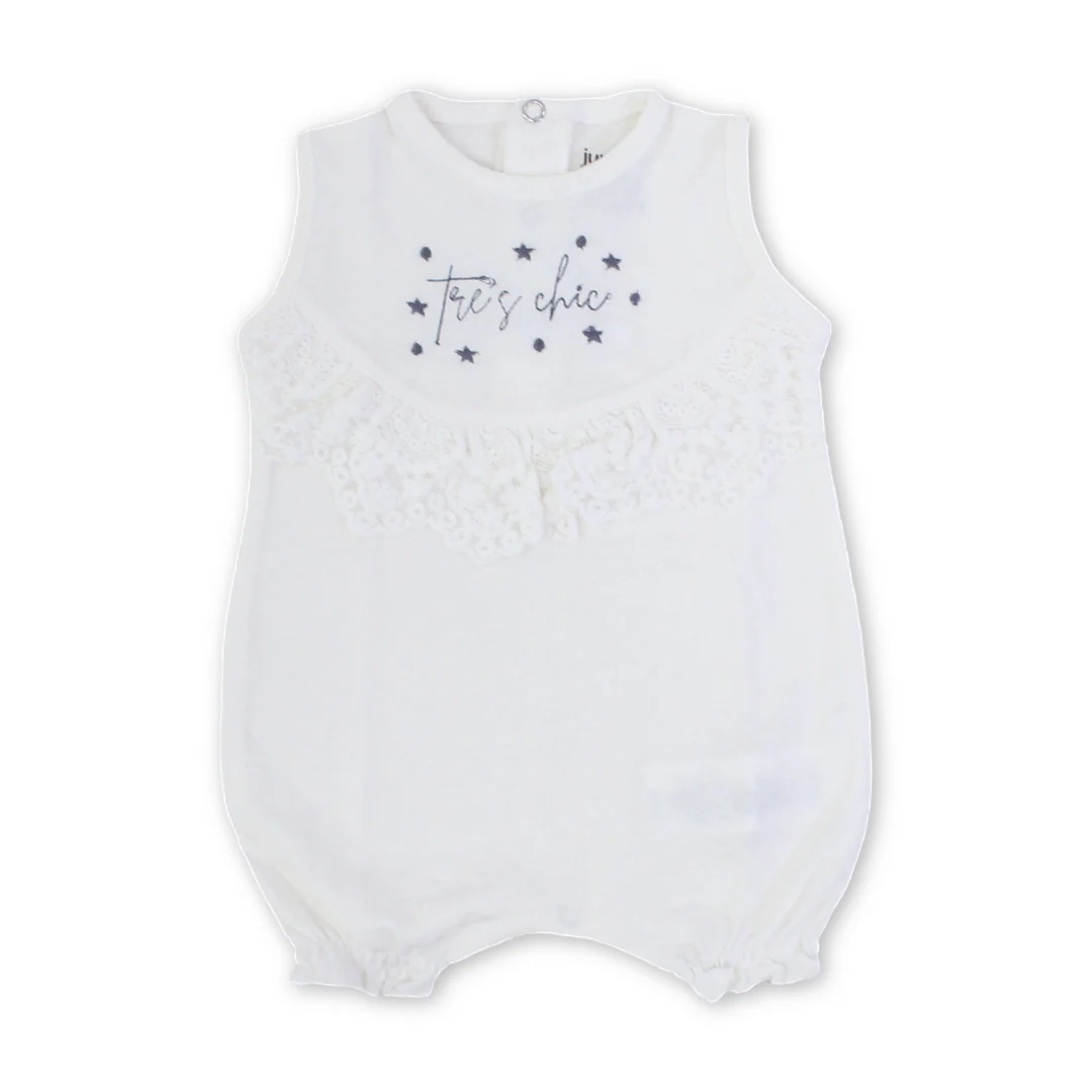 Baby Girls Cotton Romper – Off-White with "Trest Chic" Embroidery