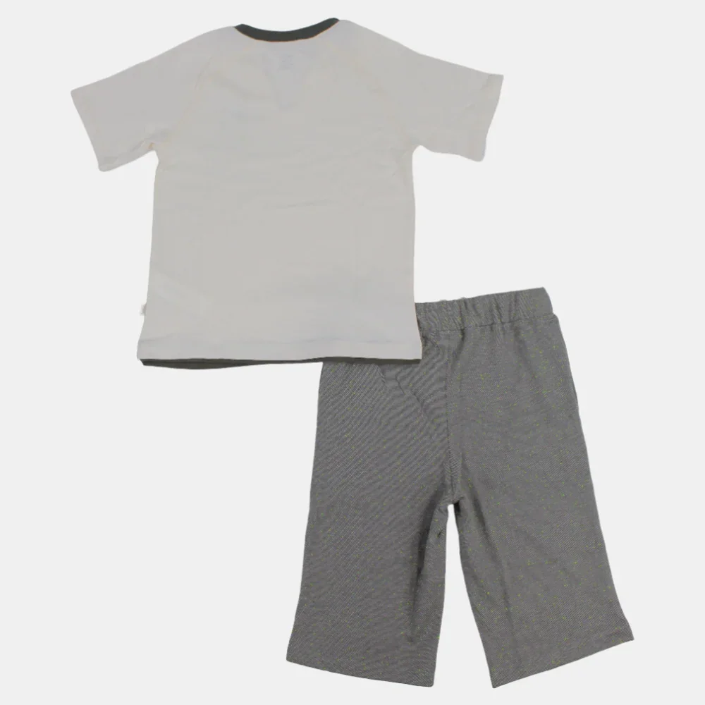 Boys Short-Sleeved Cotton Pajama Set – (Off-White/Grey) - Image 2