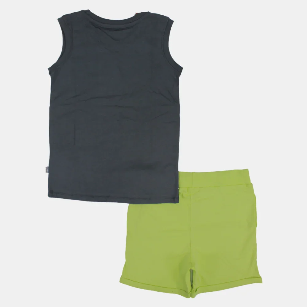 Boys Sleeveless Cotton Pajama Set – Grey/Green (Palm Tree Theme) - Image 2