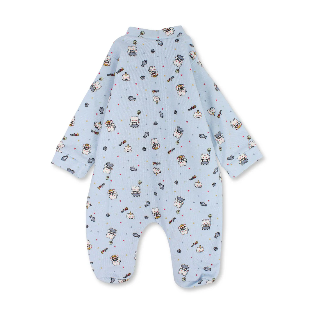 Baby Boys Cotton Baby Footie – Baby Blue with Cat Print - Image 2