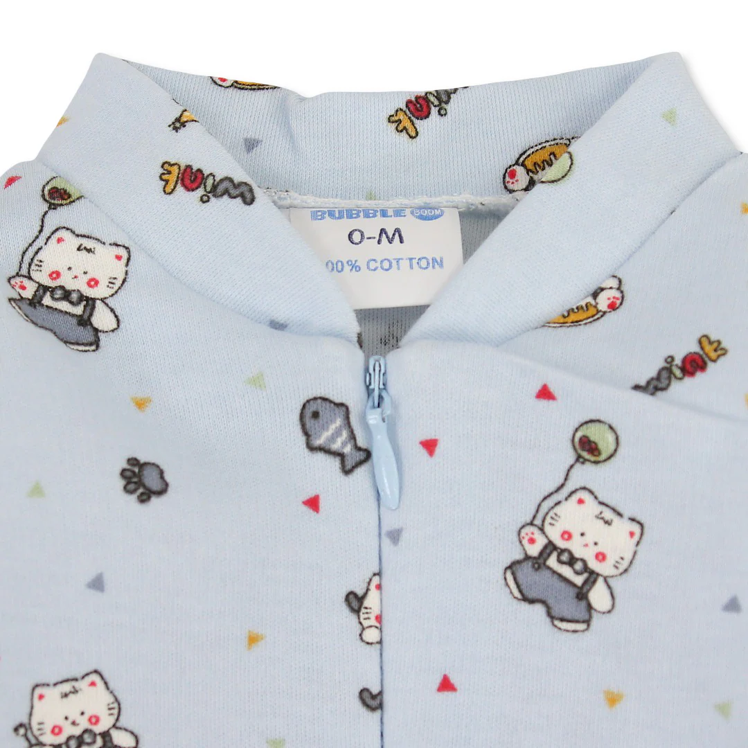 Baby Boys Cotton Baby Footie – Baby Blue with Cat Print - Image 3