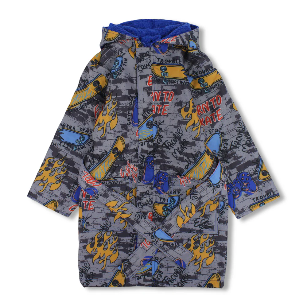 Boys Waterproof Swim Robe – Grey with Born to Skate Print