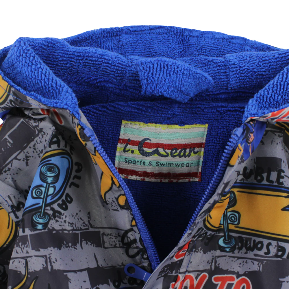 Boys Waterproof Swim Robe – Grey with Born to Skate Print - Image 3