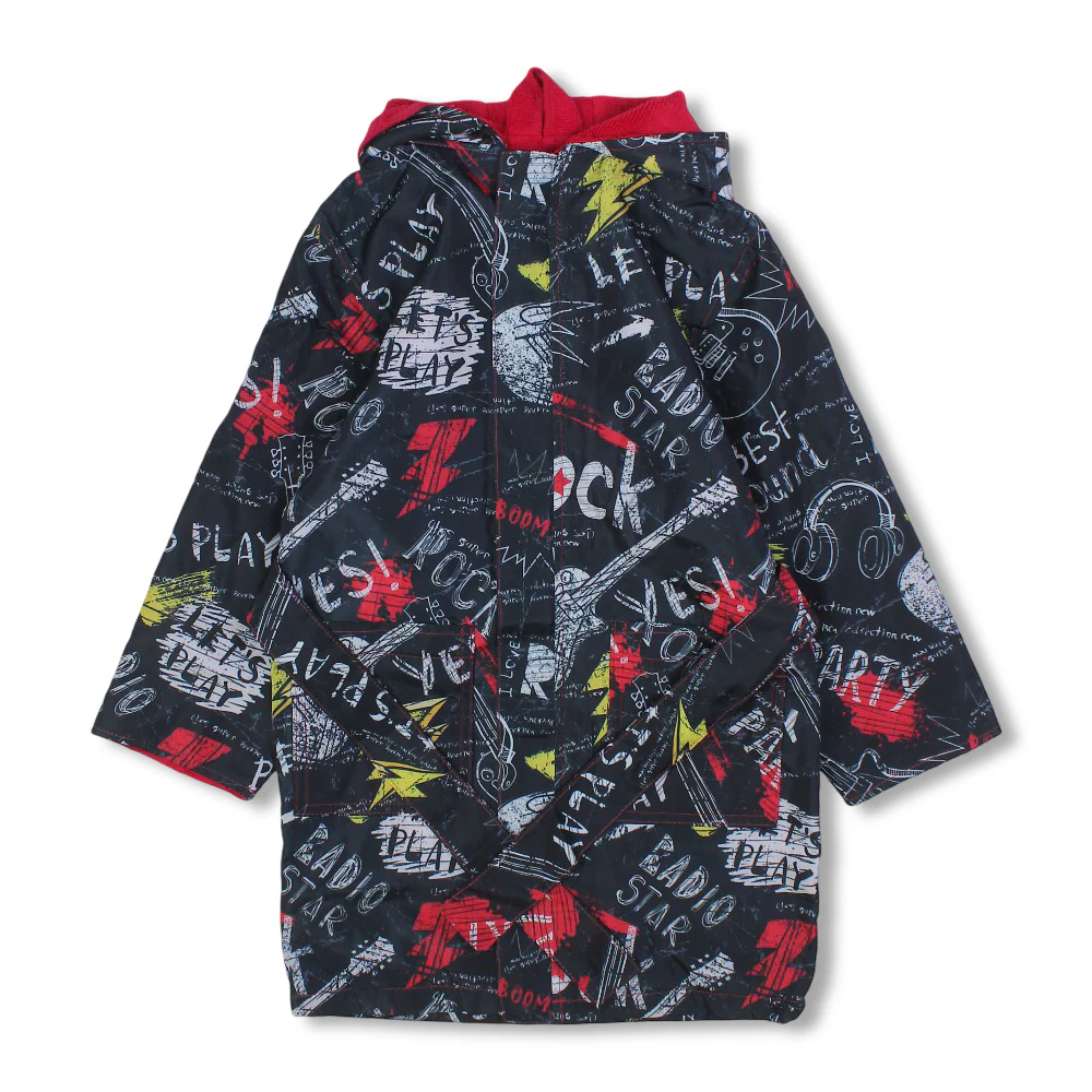Boys Waterproof Swim Robe – Black with Music-Themed Print - Image 2