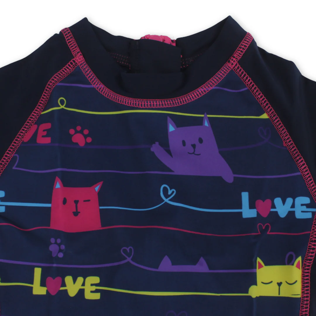 Baby Girls Sunsuit One-Piece – Navy with Love Cats Print - Image 3