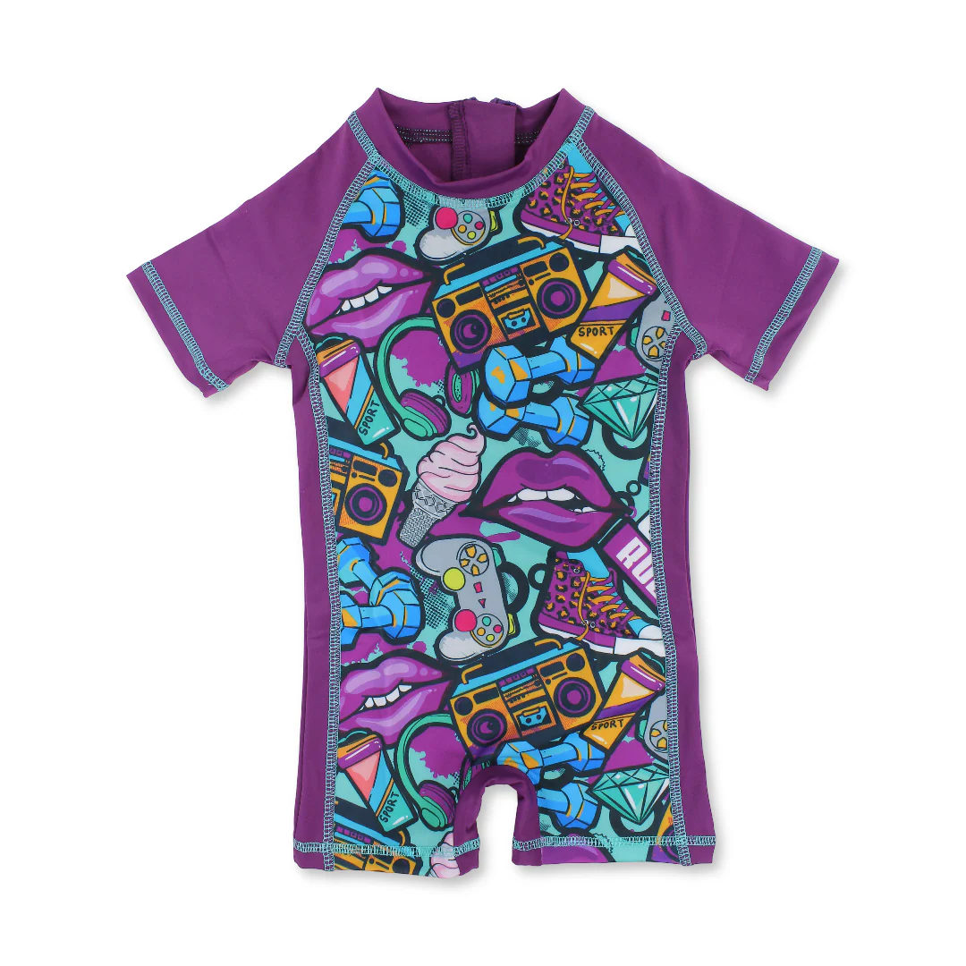 Girls Swimsuit Overall – Purple with Pop Art & Doodle Print