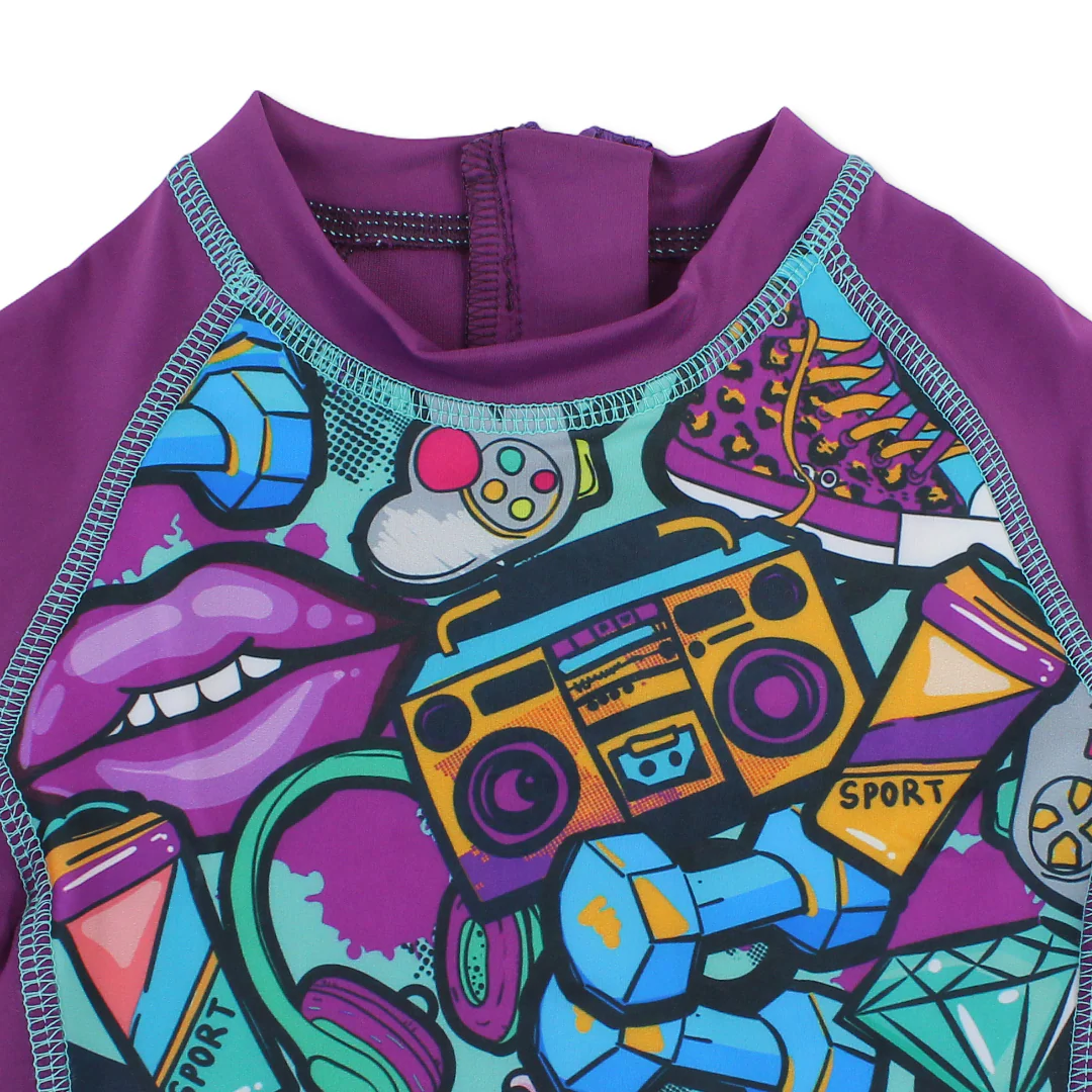 Girls Swimsuit Overall – Purple with Pop Art & Doodle Print - Image 3