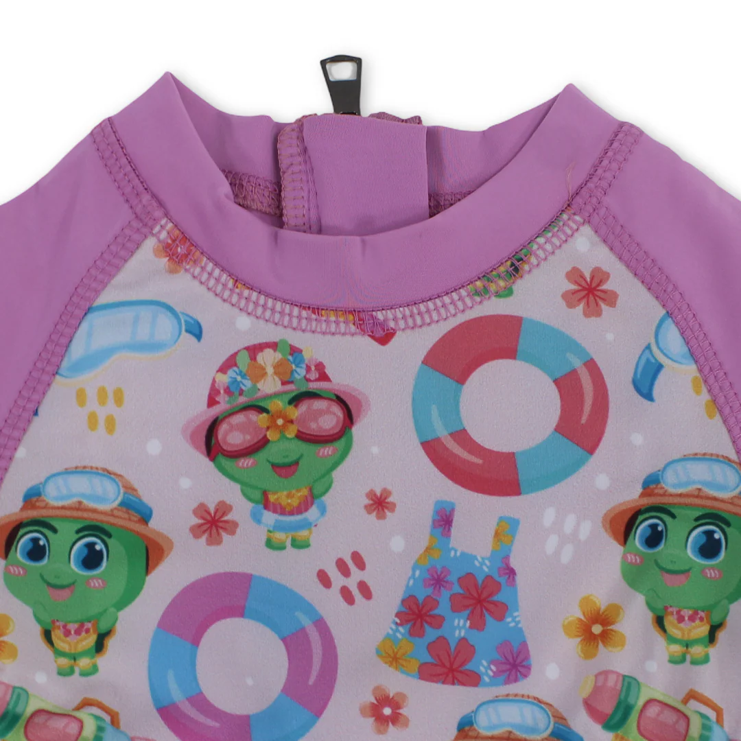 Girls Sunsuit One-Piece – Pink with Flowers and Sea Tools Print - Image 3