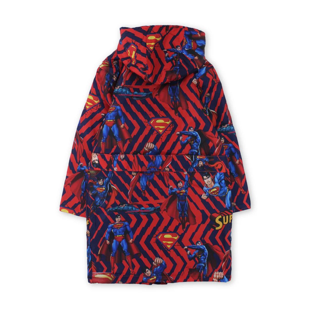 Baby Boys Waterproof Swim Robe – Red with Super-Man Print - Image 2