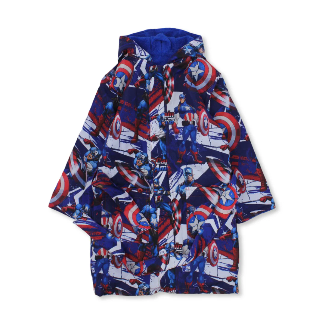 Boys Waterproof Swim Robe – Blue with Captin America Print