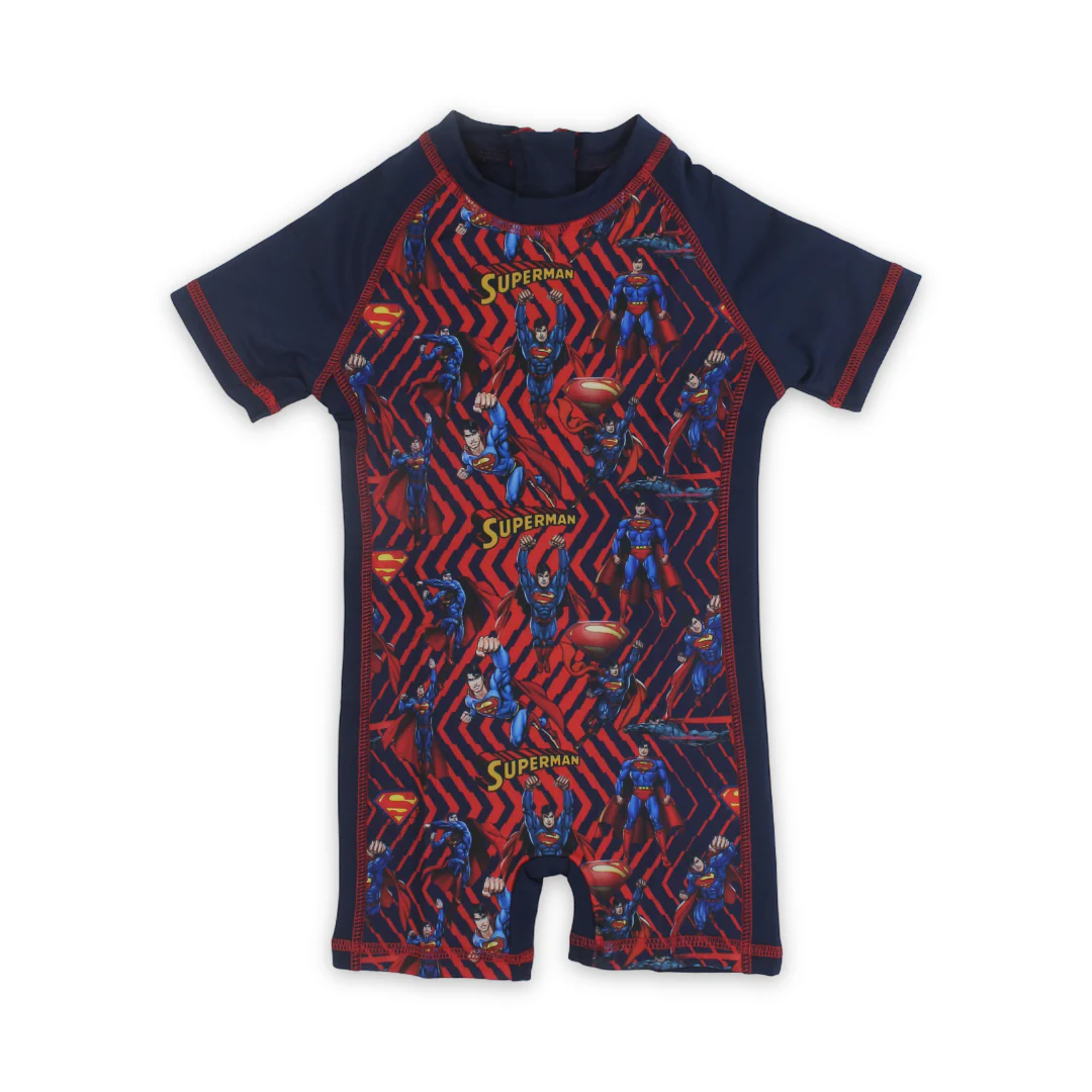 Boys Sunsuit One-Piece – Navy with Super-Man Print