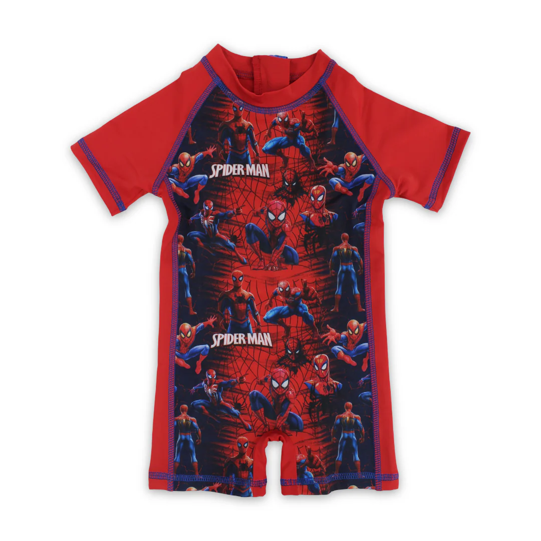 Boys Sunsuit One-Piece – Red with Spider-Man Print