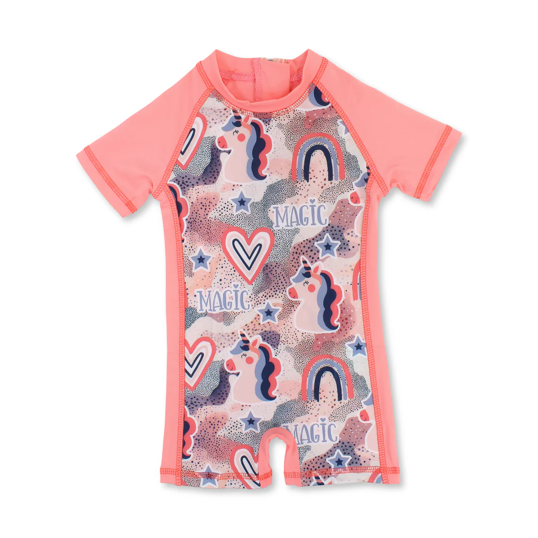 Girls Swimsuit Overall – Salmon with Unicorn Print