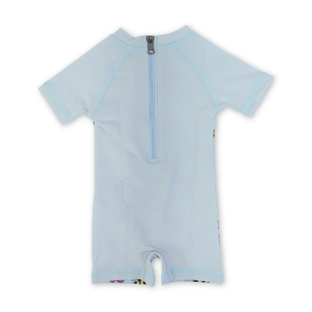 Baby Girls Sunsuit One-Piece – Aqua with Bee Print - Image 2