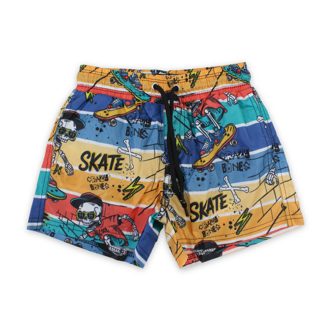 Boys Swim Trunks – Multicolor with Skeletons Skateboarding Print