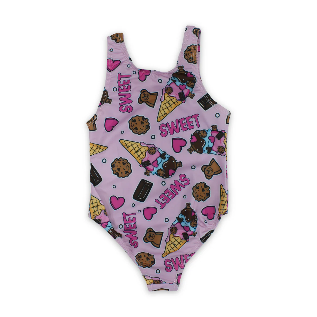 Girls One-Piece Swimsuit – Pink with "Sweet" Print - Image 2