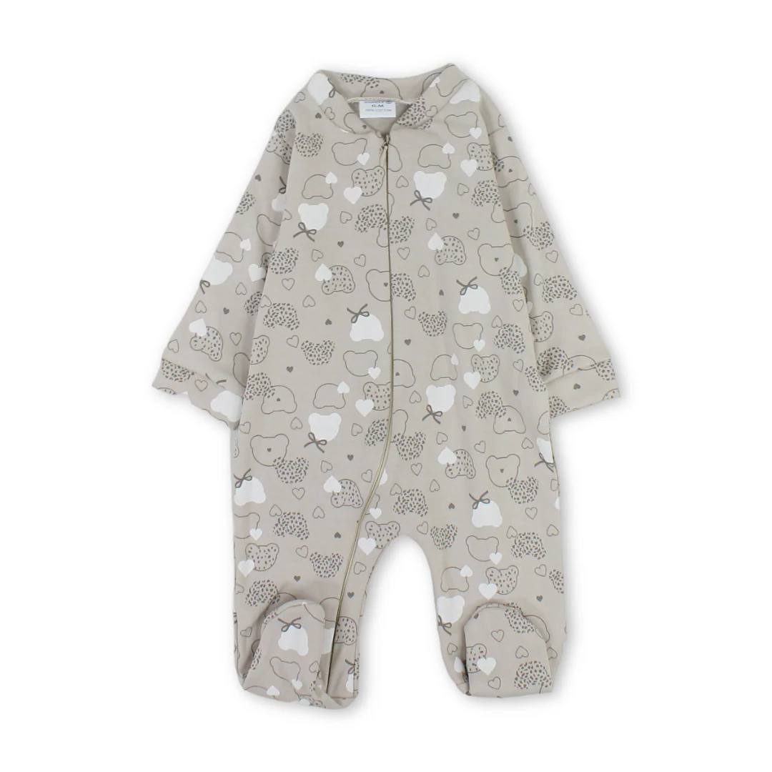 Unisex Baby Cotton Baby Footie Onesie – Beige with Teddy Bear Print