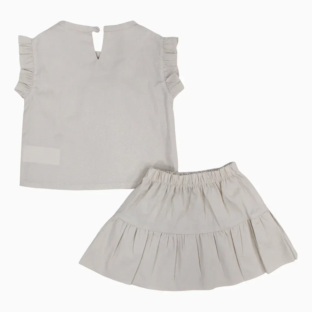 Girls Cotton 2-Piece Outfit Set – Beige with Little Bows - Image 2