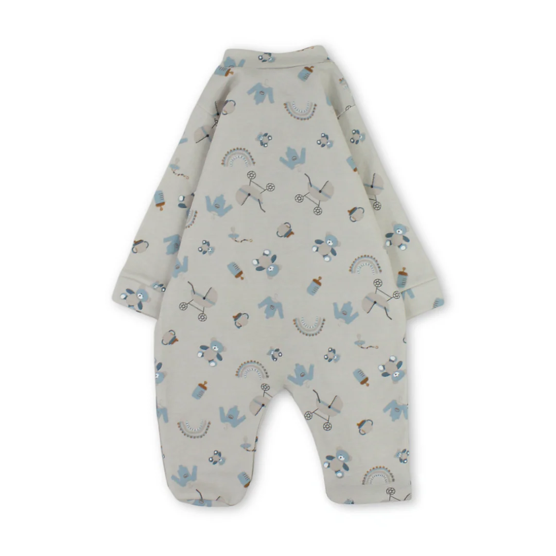 Baby Boys Cotton Baby Footie Onesie – Beige with Teddy Bear Print - Image 2