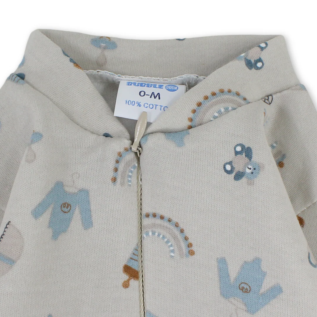 Baby Boys Cotton Baby Footie Onesie – Beige with Teddy Bear Print - Image 3