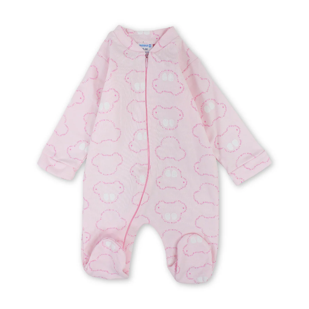 Baby Girls Cotton Baby Footie – Pink with Cars Print
