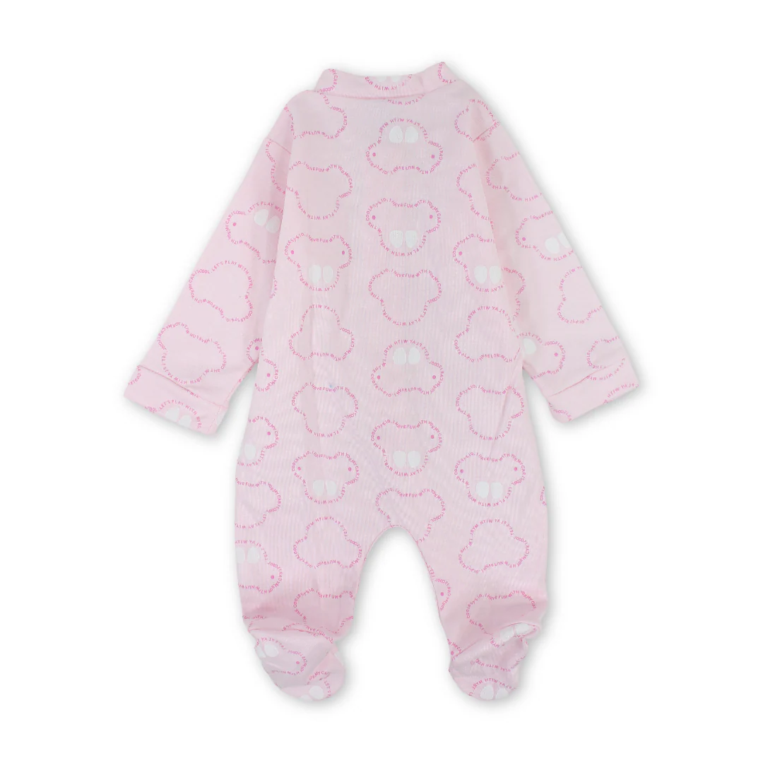 Baby Girls Cotton Baby Footie – Pink with Cars Print - Image 2