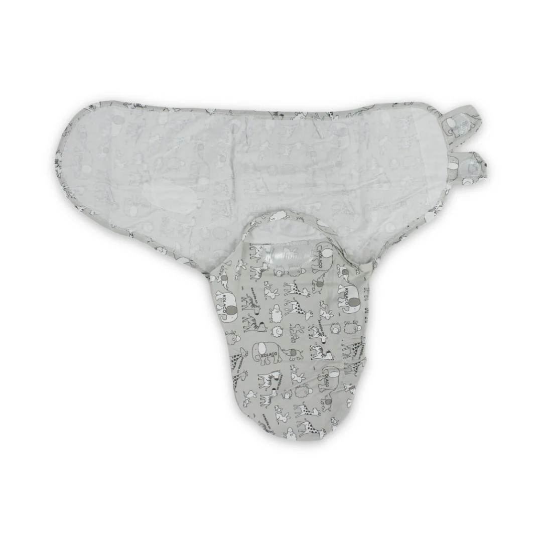 Kolaco Cotton Baby Swaddle – Grey with Animals Print - Image 3