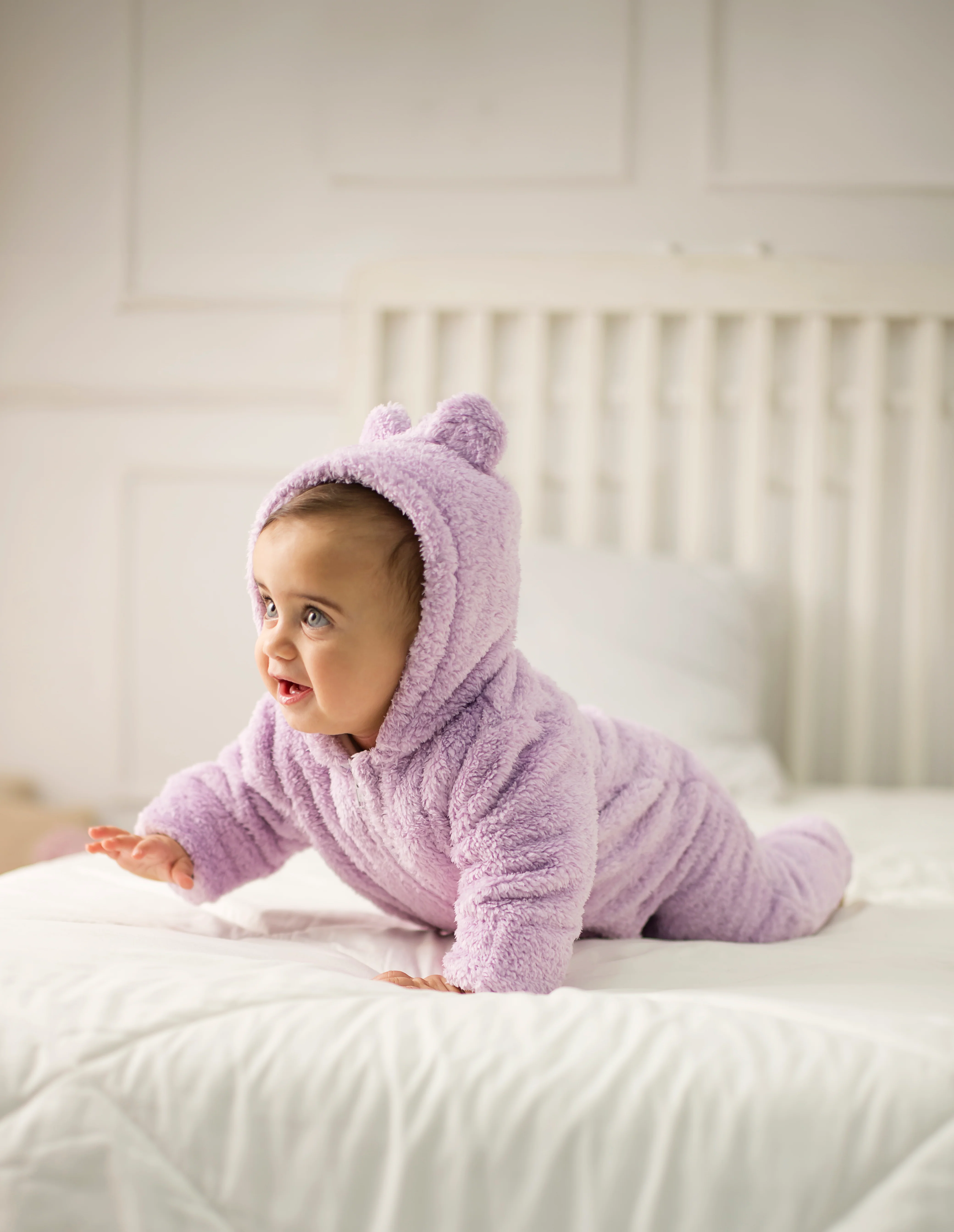 Baby Girls Fleeced Hooded Footless Onesie – Purple with Teddy Design - Image 2