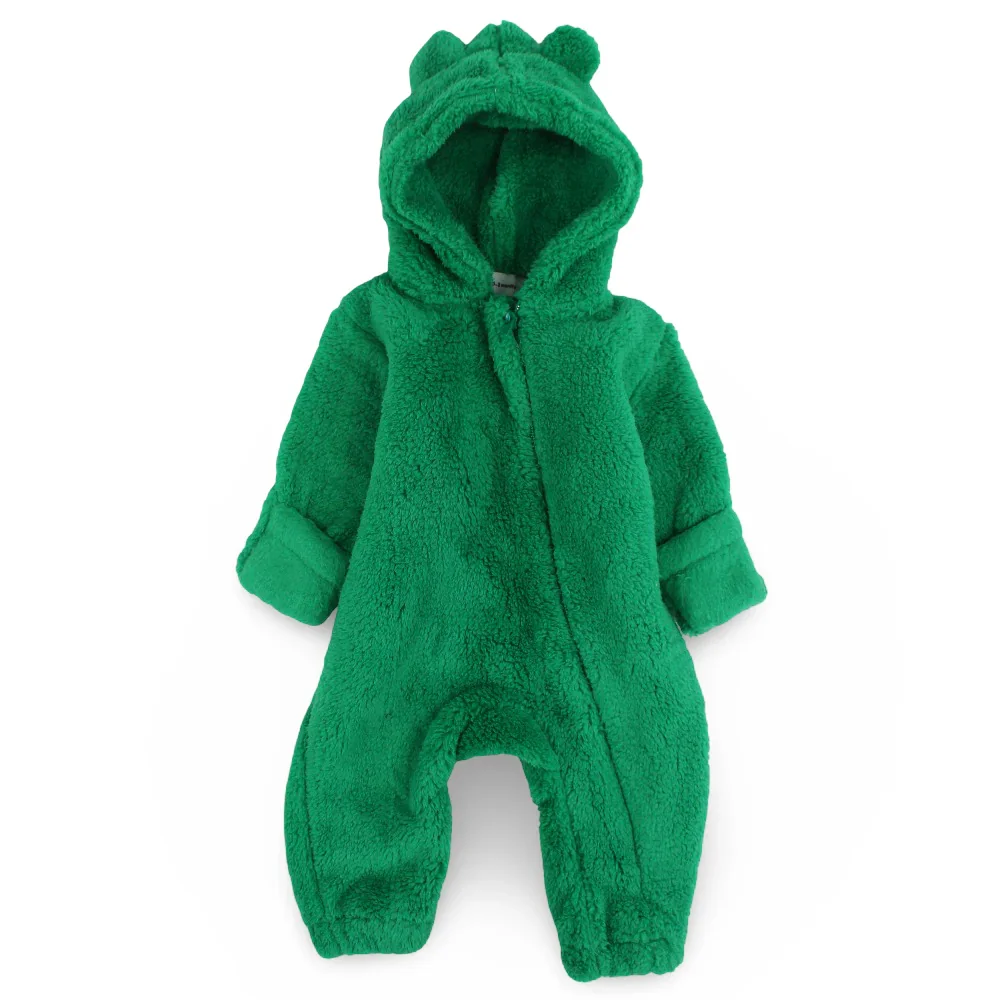 Unisex Baby Fleeced Hooded Footless Onesie – Green with Teddy Design