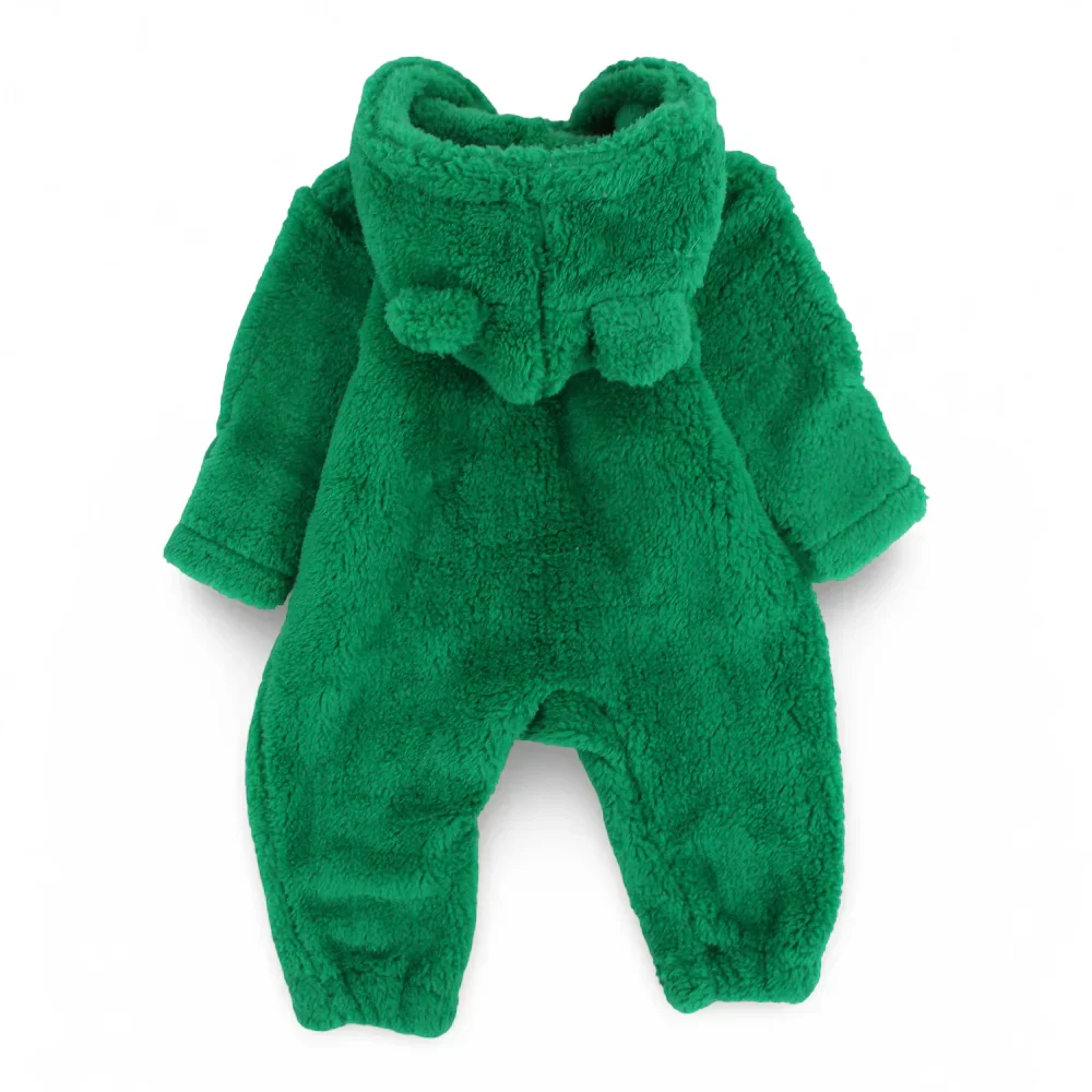 Unisex Baby Fleeced Hooded Footless Onesie – Green with Teddy Design - Image 2