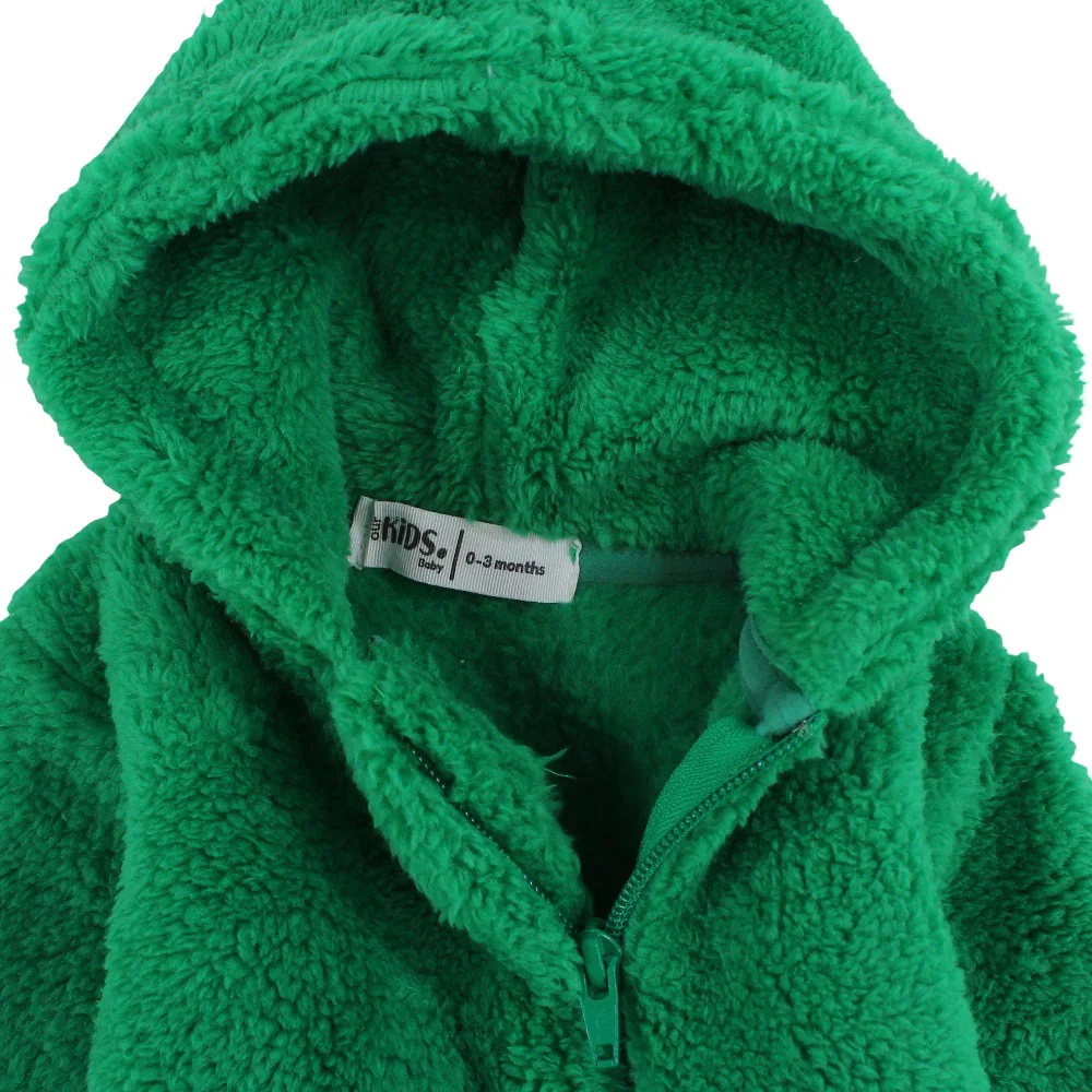 Unisex Baby Fleeced Hooded Footless Onesie – Green with Teddy Design - Image 3