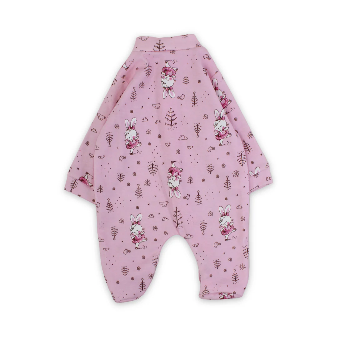 Baby Girls Cotton Baby Footie Onesie – Pink with Rabbit Print - Image 2