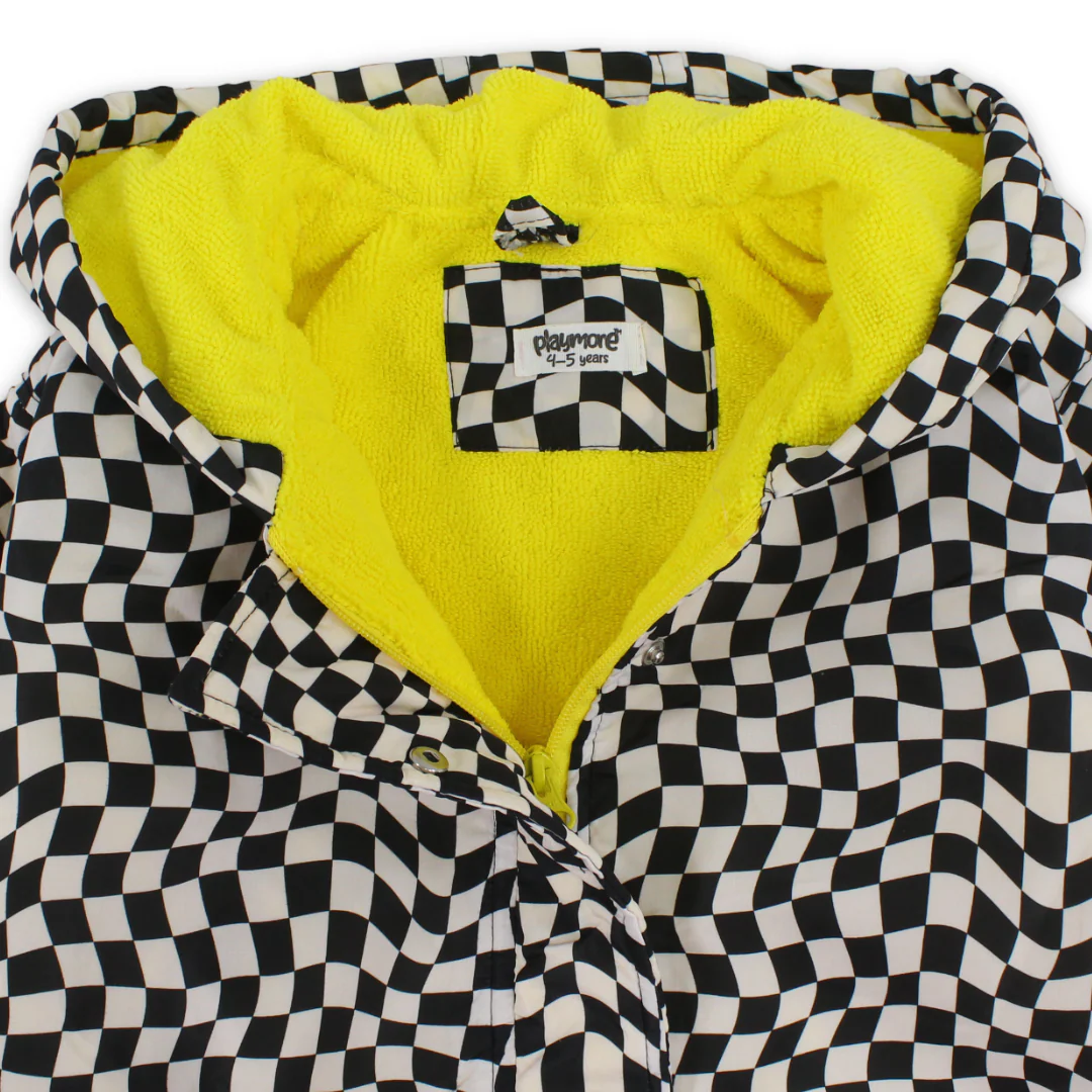 Boys Waterproof Swim Robe – Black & White with Squares Print - Image 3