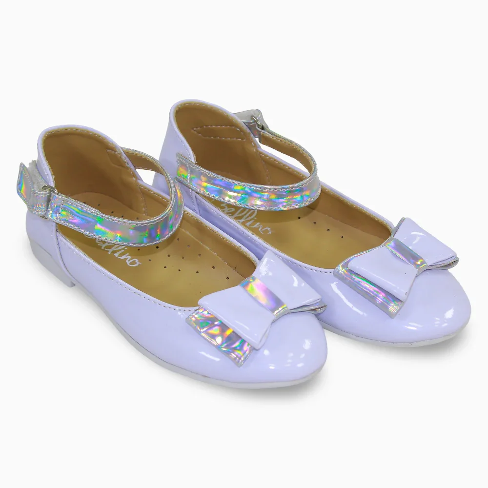 Girls Leather Ballerina – Shiny White with Bow