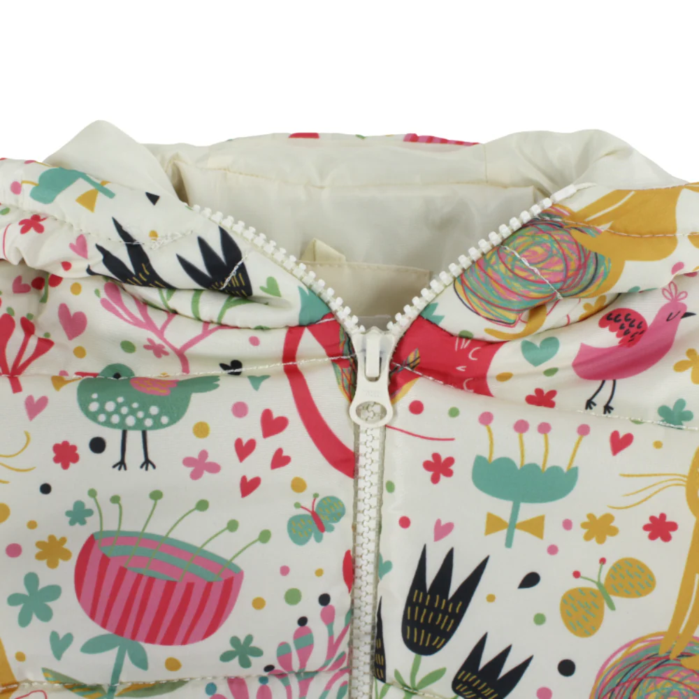 Girls Waterproof Jacket - Off-white with Cat & Bird Print - Image 3