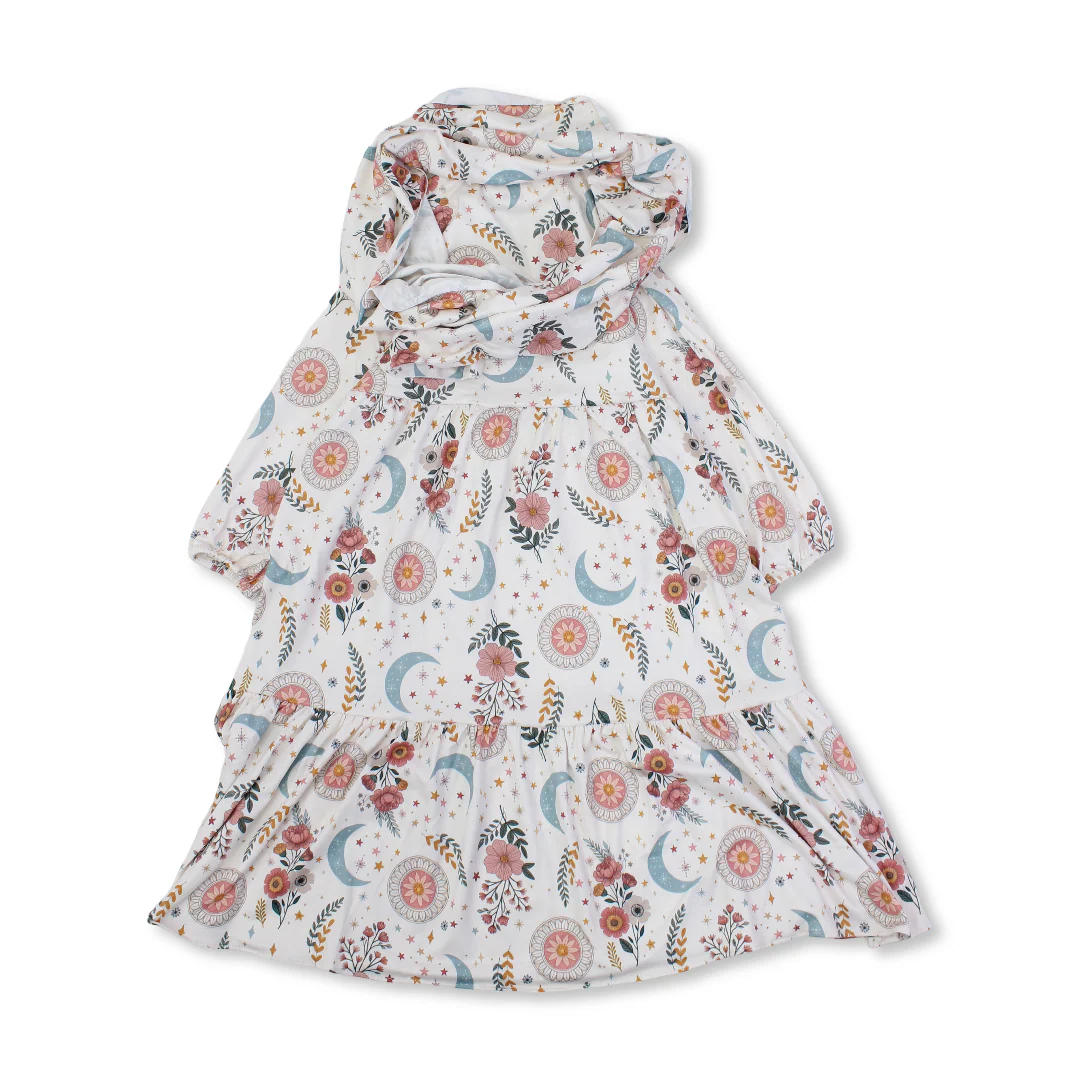 Girls Cotton Isdal – Off-White with Rose & Crescent Print - Image 2