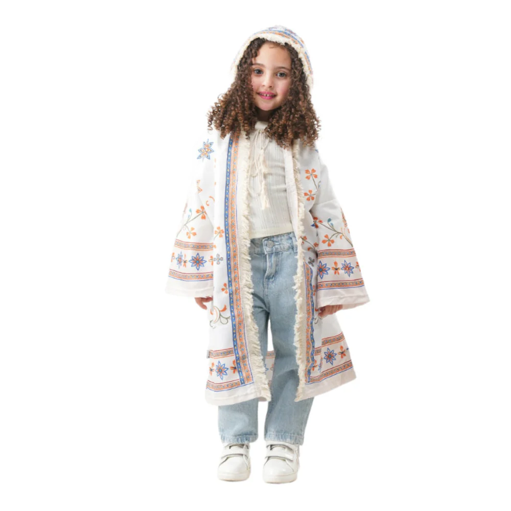 Ramadan Girls Hooded Kaftan – White with Flowers Print