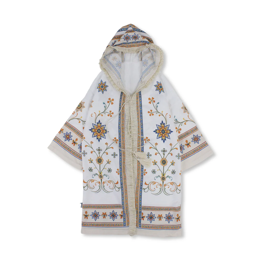 Ramadan Girls Hooded Kaftan – White with Flowers Print - Image 2
