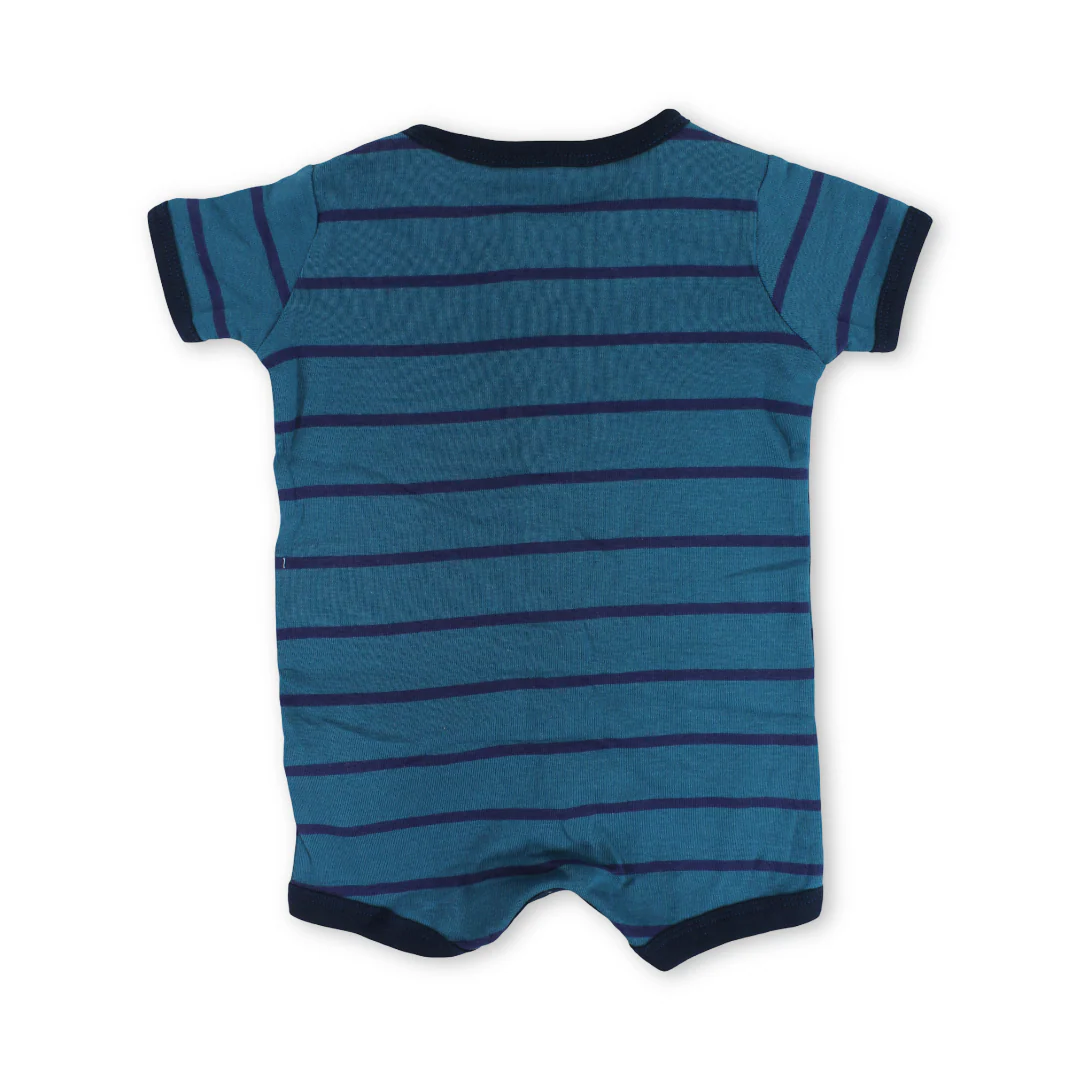 Baby Boys Cotton Romper – Striped Blue with Truck Embroidery - Image 2