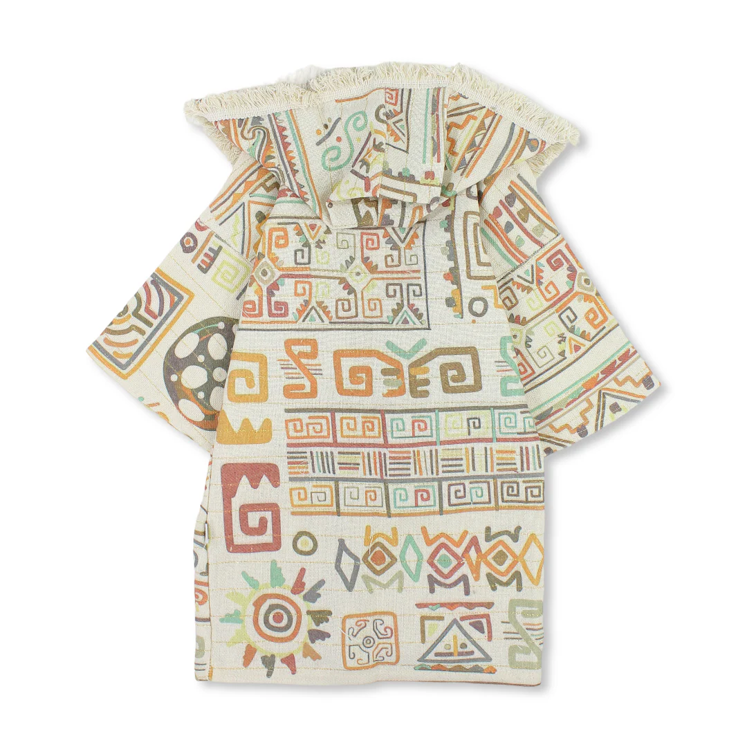 Baby Girls Linen Kaftan – Beige with Geometric Print - Image 2
