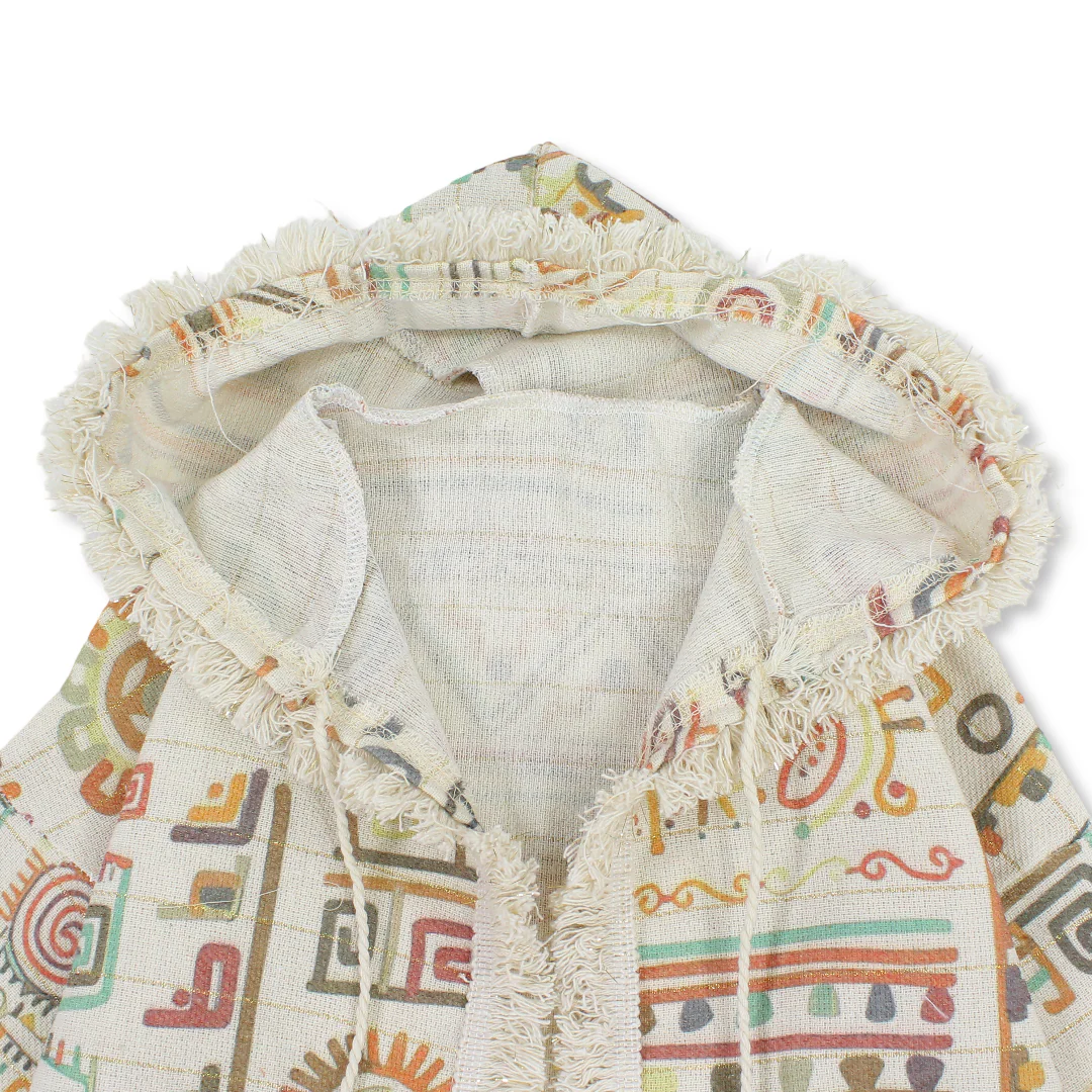 Baby Girls Linen Kaftan – Beige with Geometric Print - Image 3