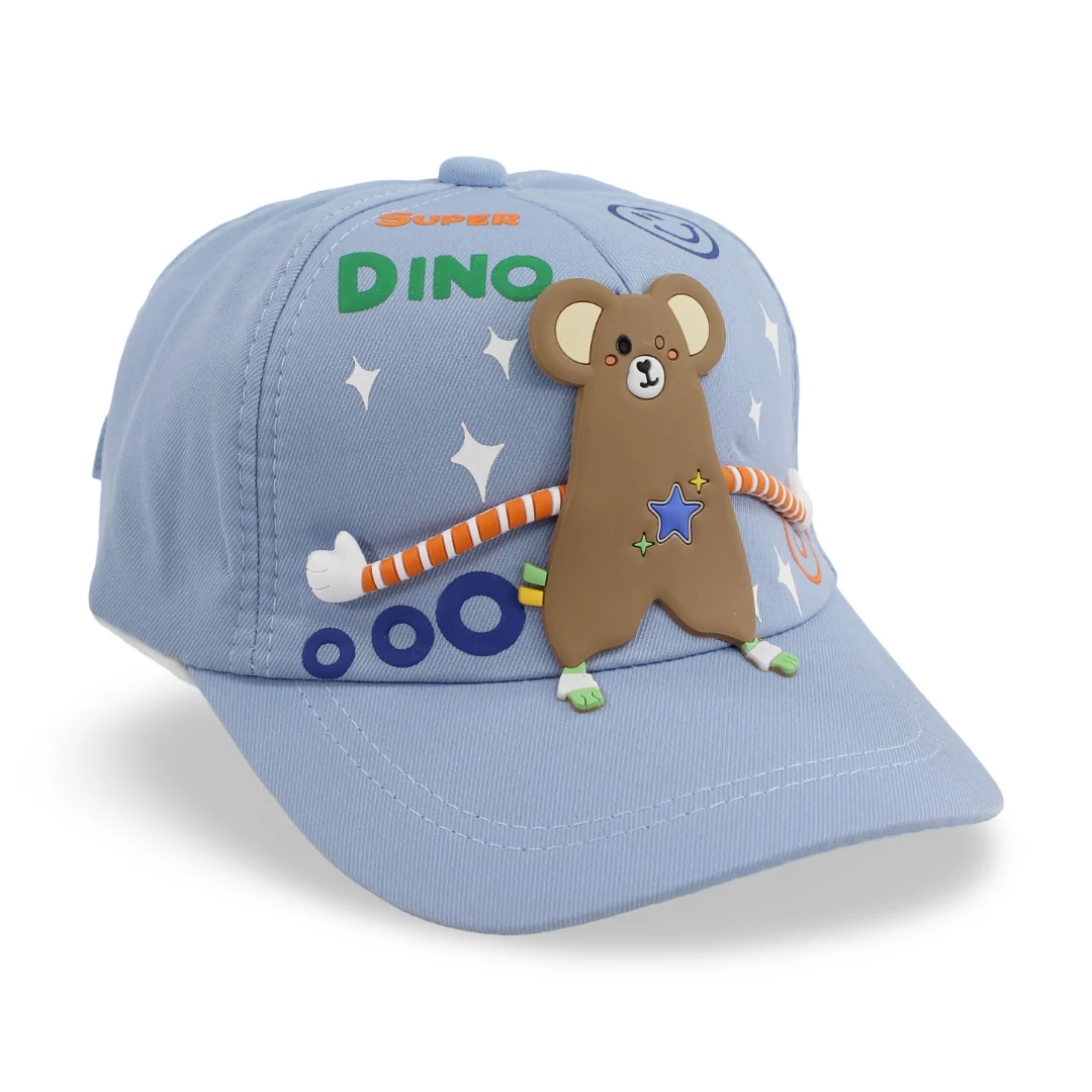 Boys Cotton Cap – Baby Blue with "Super Dino" Design