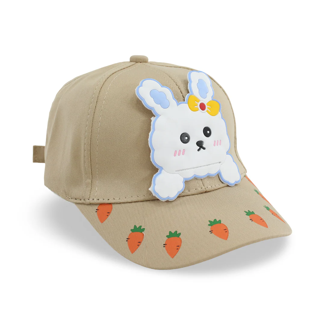 Girls Cotton Cap – Beige with Rabbit and Carrots Design