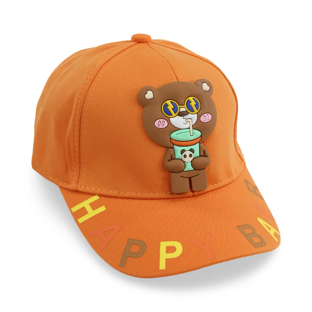 Unisex Cotton Cap – Orange with "Happy Bear" Design