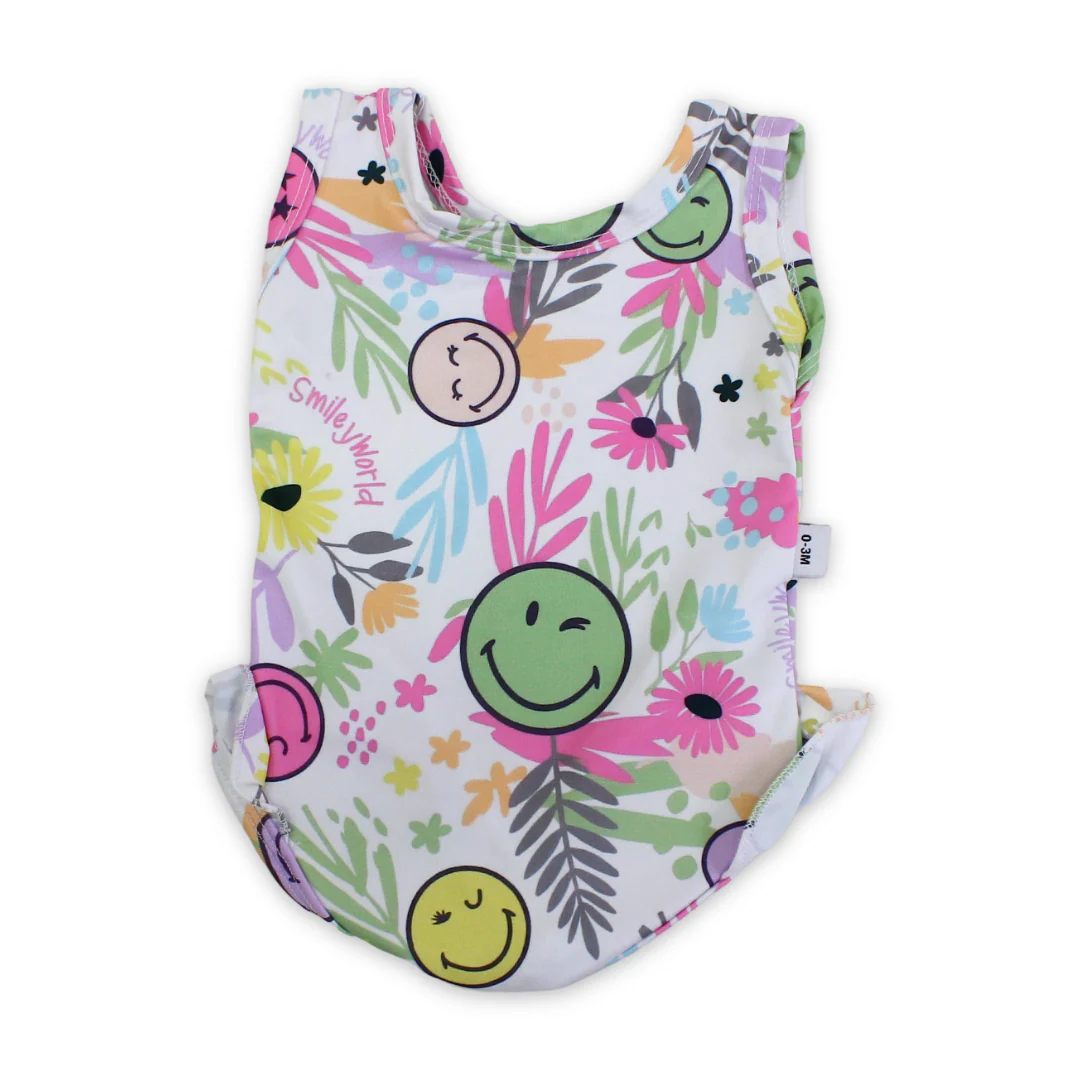 Baby Girls One-Piece Swimsuit – White with Smiley Faces Print - Image 2