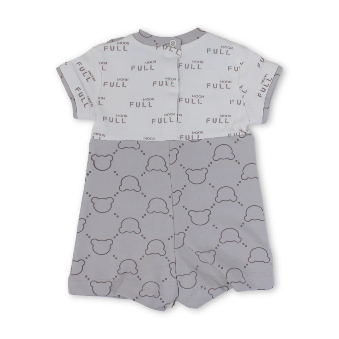 Baby Boys Cotton Romper – Beige with Teddy Bear Faces Print - Image 2